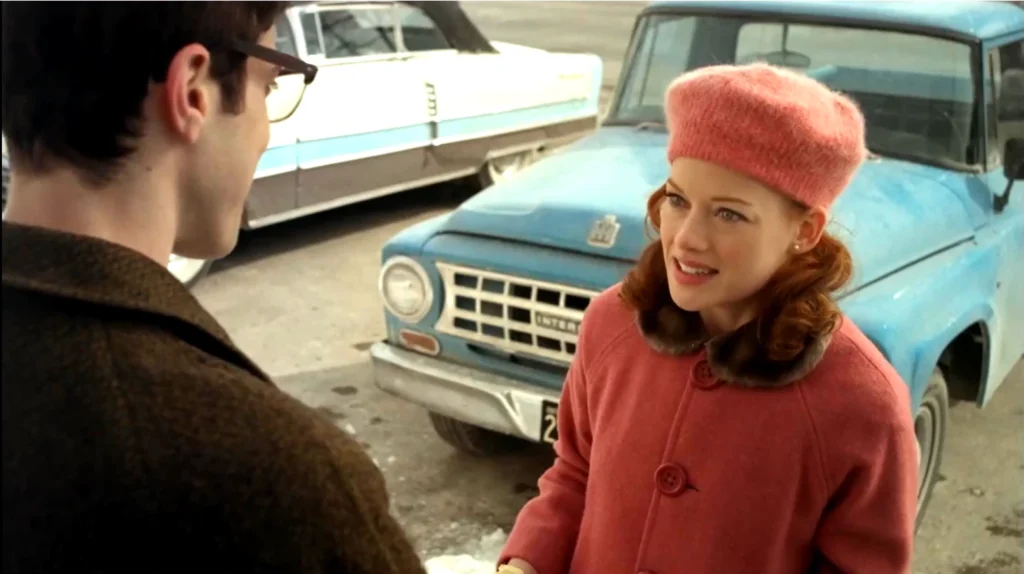 Jane Levy as Stepphy Holliday in her pink outfit in front of her father's International pickup truck - Bang Bang Baby