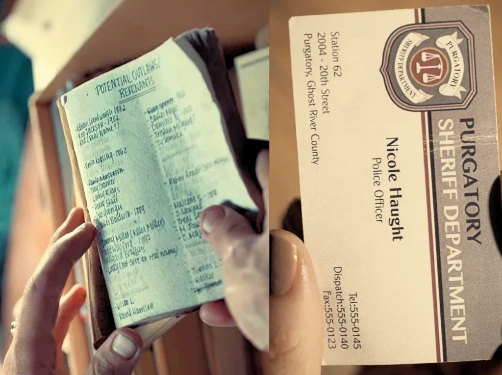 Waverly's list of potential outlaws and revenants and Nicole Haught's business card - Wynonna Earp 102