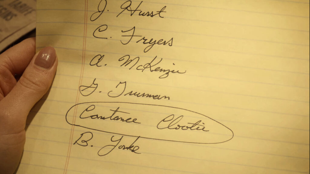 Waverly's list, with Constance Clootie's name circled - Wynonna Earp 103
