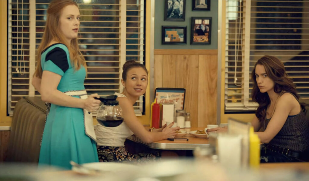 Alex Paxton-Beesley as Hetty Tate, Dominique Provost-Chalkley as Waverly, and Melanie Scrofano as Wynonna - Wynonna Earp 106