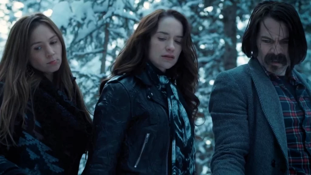 Dominique Provost-Chalkley, as Waverly, Melanie Scrofano as Wynonna, and Tim Rozon as Doc - Wynonna Earp 201