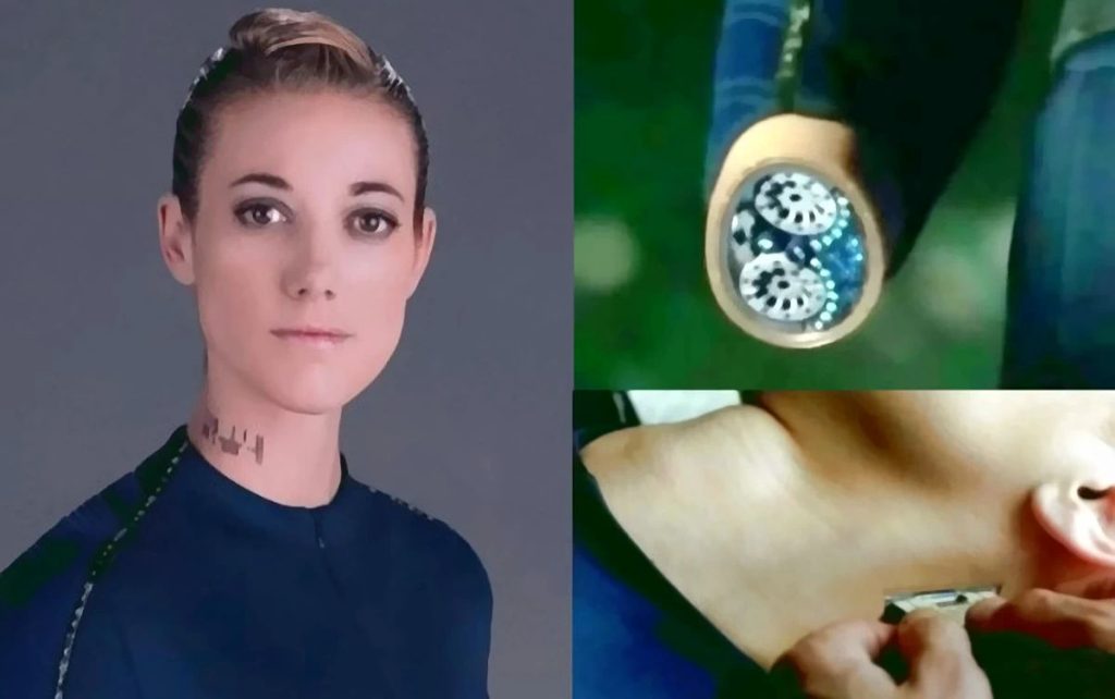 Zoie Palmer as The Android on Dark Matter, showing neck tattoo, programming slot in neck, and cross section of forearm.