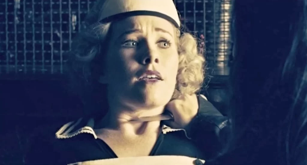 Lindsay Barclay as the handmaiden on the train with Bo's knife to her throat - Lost Girl 410